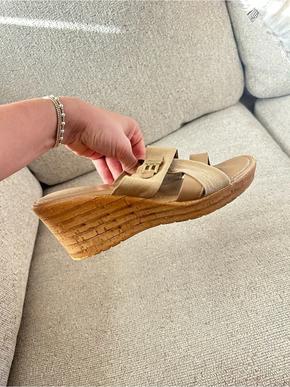 Italian Shoemakers Tan Wedge Slide Sandals with Cork Heels - Made in Italy - 7.5